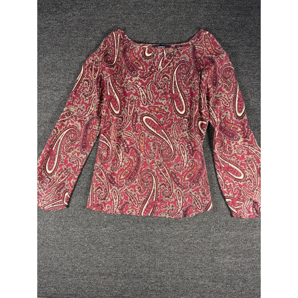 Express Top Blouse Womens 5/6 Red Silk Sheer Flutter Sleeve Paisley Keyhole Neck